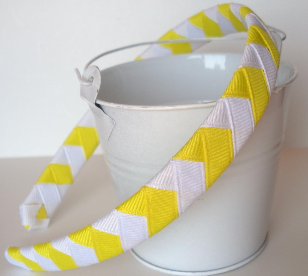 Sunshine Chevron Headband: half inch wide woven headband with white and sunshine