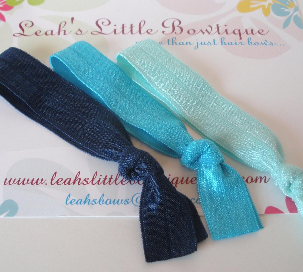 Blue Elastic Hair Ties: Set of three elastic hair ties navy turquoise aqua