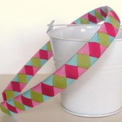 Girls Headband Woven:   half inch headband hand woven from blue, pinks, and kiwi